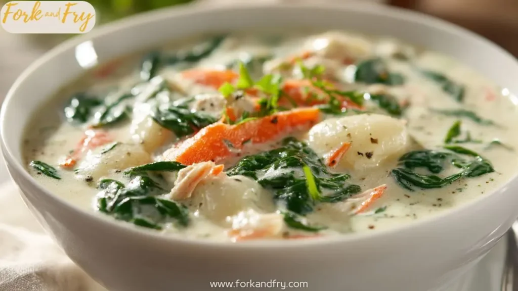 Creamy chicken soup with gnocchi, carrots, and spinach in a bowl