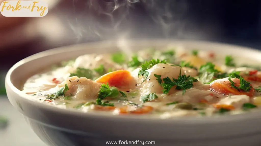 A bowl of creamy chicken pot pie soup with vegetables and fresh parsley.