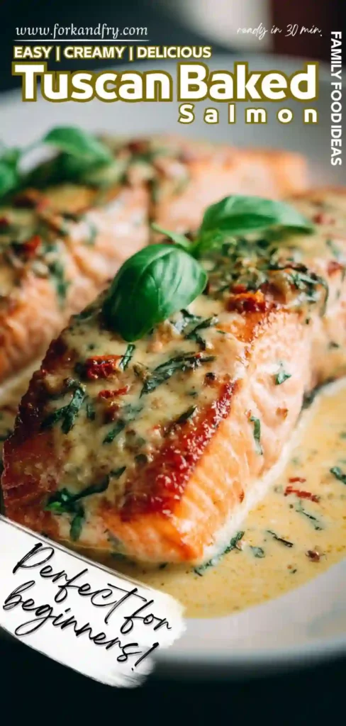 Creamy Garlic Butter Salmon Bake Golden pan-seared salmon in creamy garlic sauce, topped with sun-dried tomatoes and fresh basil, served in a cast iron skillet.