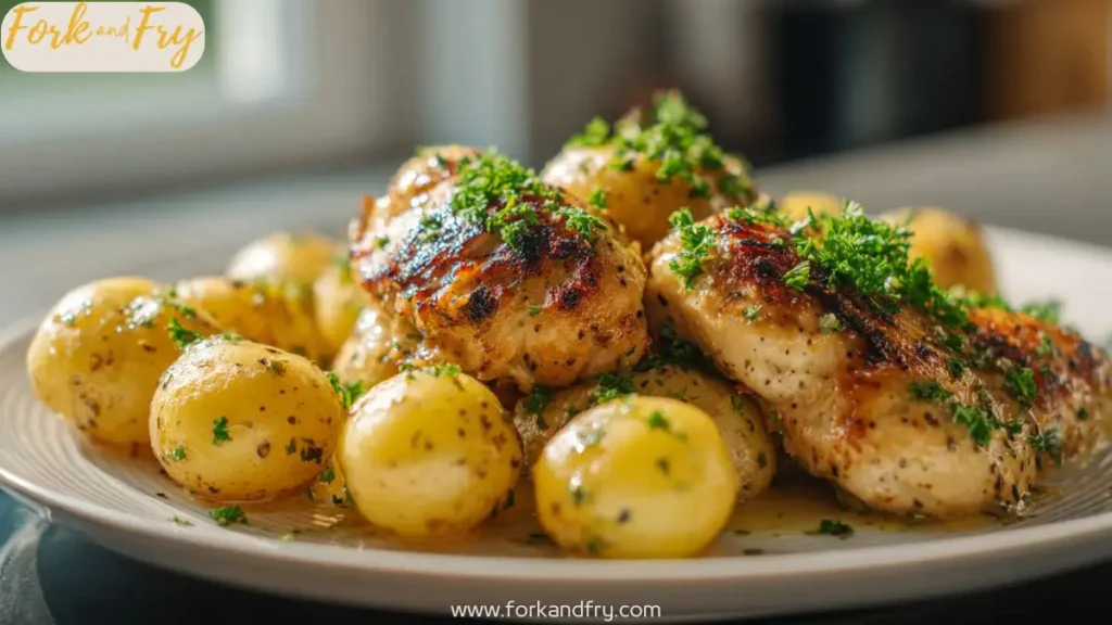 Juicy slow-cooked chicken breasts with baby potatoes in creamy Parmesan garlic sauce