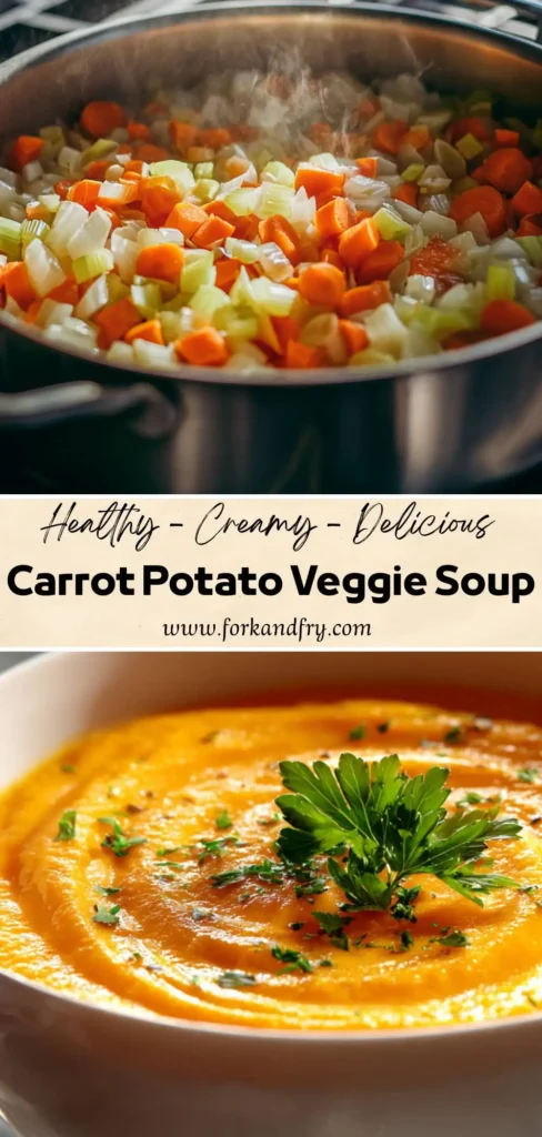 Close-up of dairy-free carrot potato soup in a white bowl.