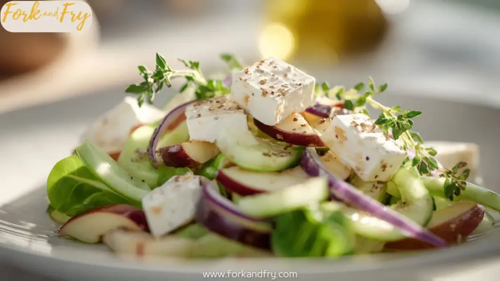 Autumn salad with sliced pears, walnuts, and feta on a bed of greens