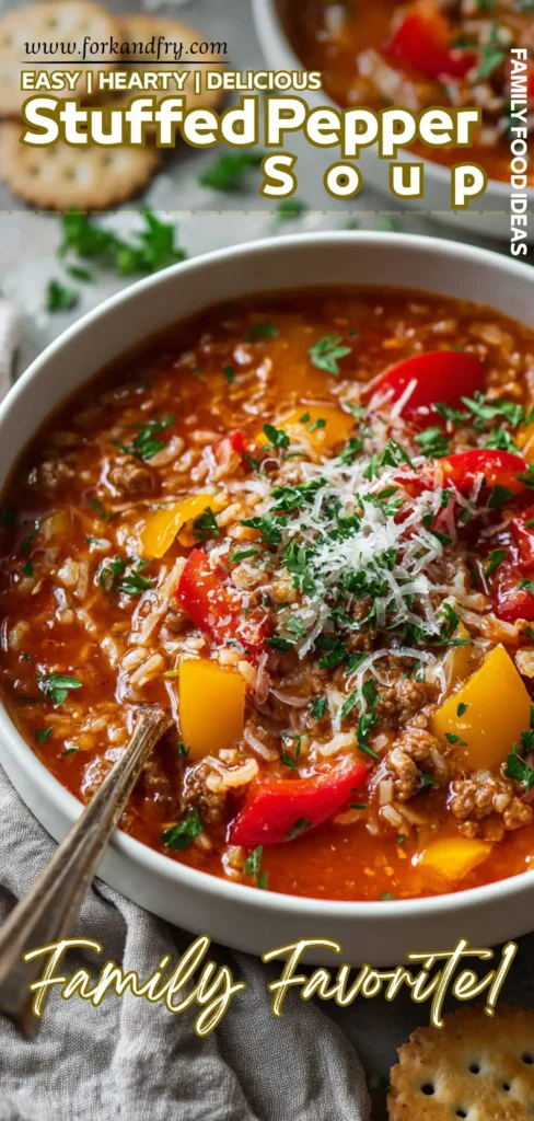 Easy Crockpot Stuffed Pepper Soup Healthy stuffed pepper soup in a white bowl with parsley