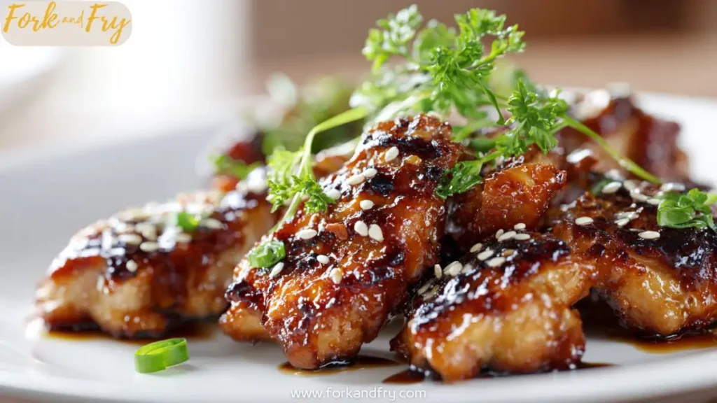 Teriyaki chicken over white rice with sesame seeds and green onions.