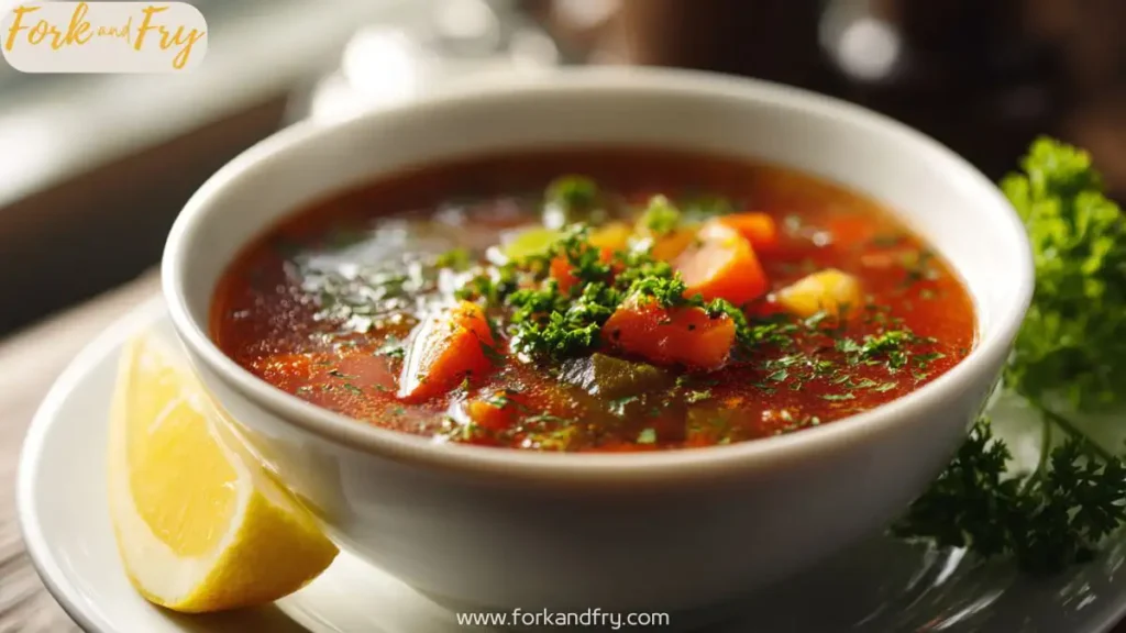 A steaming bowl of vegetable soup with carrots, potatoes, and green beans, served with fresh parsley on top.