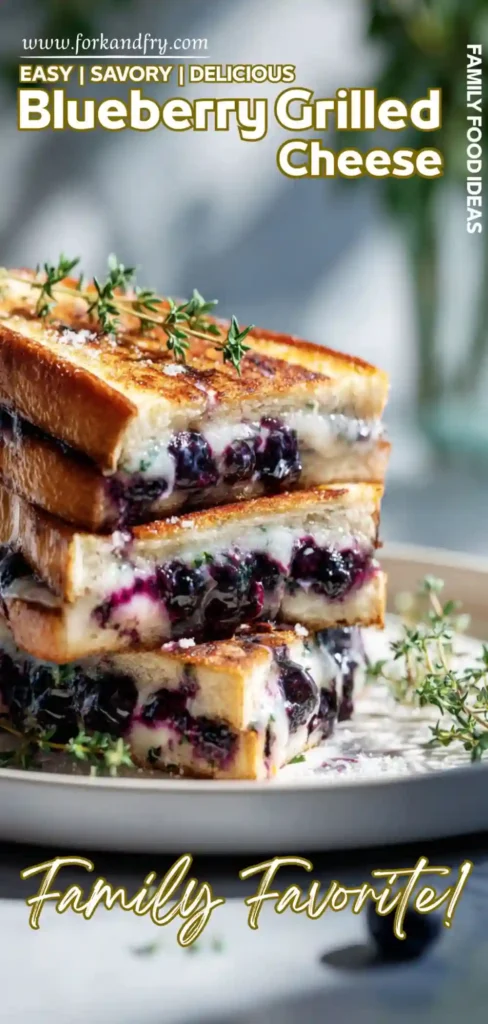 Easy Gourmet Grilled Cheese with Blueberries Sliced sourdough sandwich with oozing cheese and fruit compote