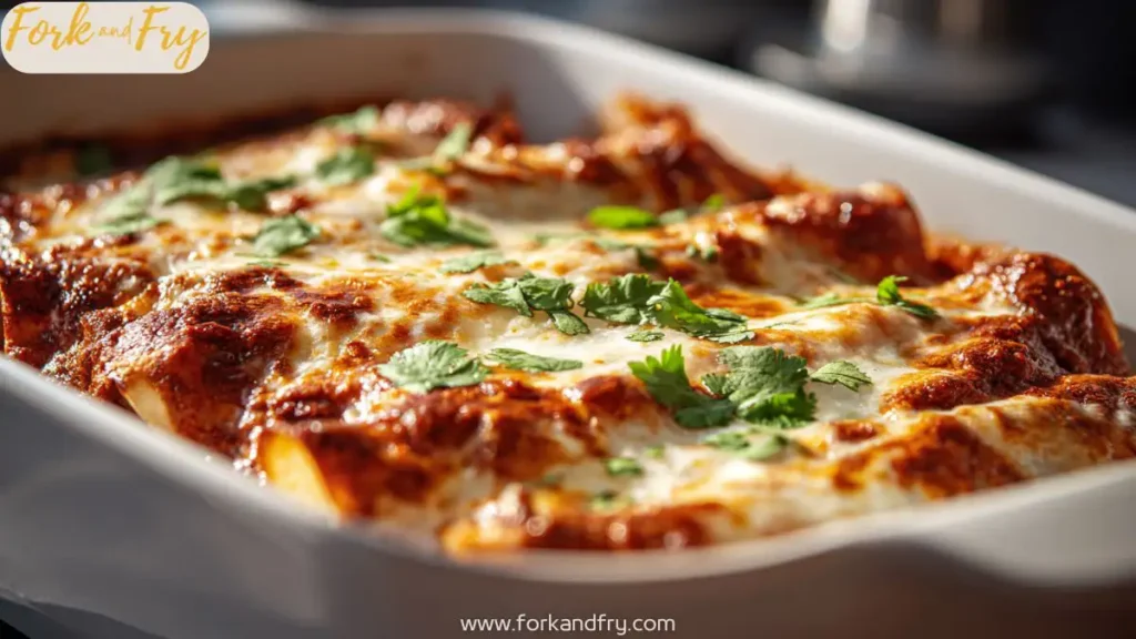 Cheesy baked ground beef enchiladas topped with sauce and melted cheese in a white baking dish.