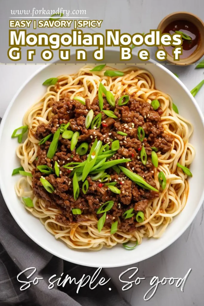 Easy Mongolian Ground Chicken Noodles Asian-style noodles with ground chicken and soy glaze in a white bowl
