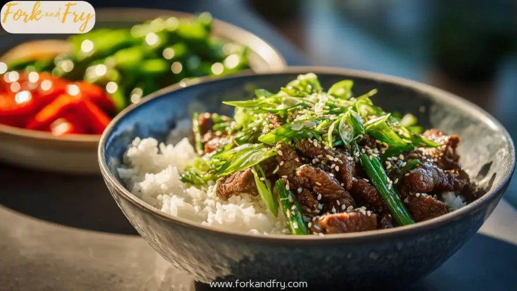 A Korean beef rice bowl topped with green onions, sesame seeds, and vegetables, perfect for a quick and flavorful dinner.