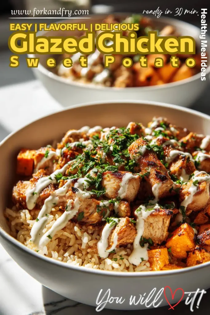 Easy meal prep idea with chicken and sweet potatoes Meal prep containers filled with chicken, rice, and roasted sweet potatoes.