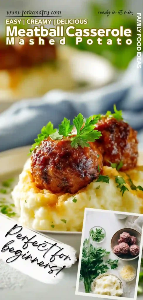 Golden-baked mashed potato topping over juicy beef meatballs and brown gravy