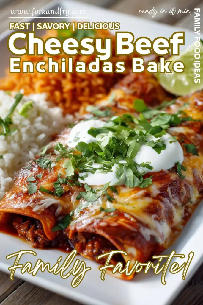 Family-Friendly Enchiladas with Ground Beef Golden brown beef enchiladas fresh from the oven with sour cream and jalapeño garnish.
