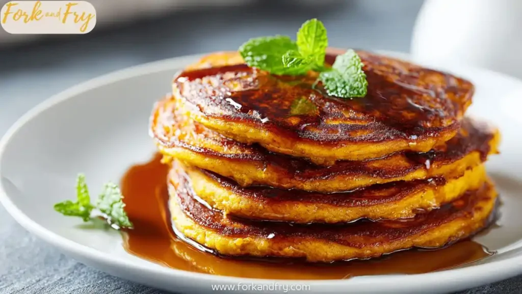Stack of pumpkin pancakes with syrup on white plate.