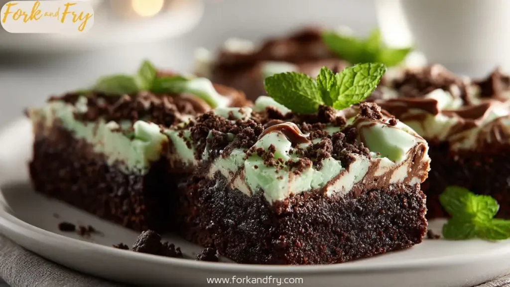 Close-up of gooey brownies topped with Andes mints and chocolate cookie crumbles