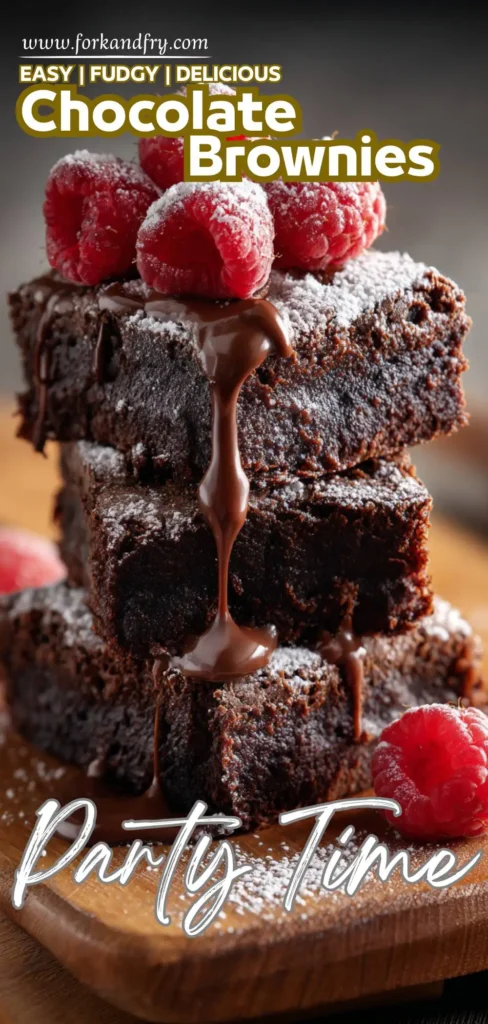 Close-up of soft brownies on a wooden board with chocolate drizzle.