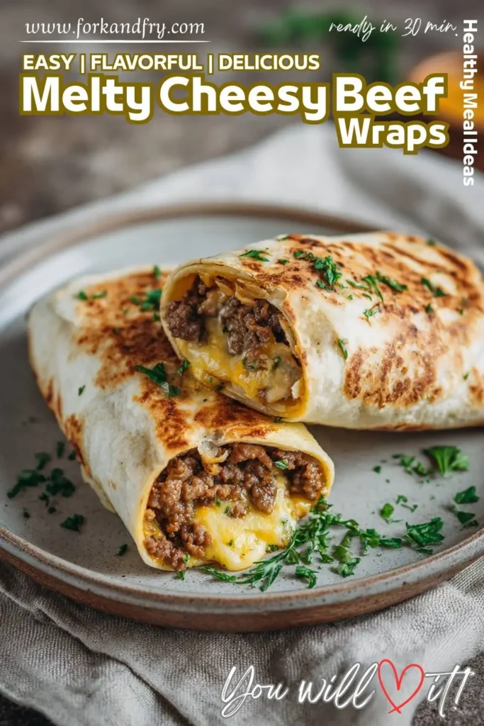 Ground beef wraps with cheddar, lettuce, tomato, and salsa in a toasted tortilla.