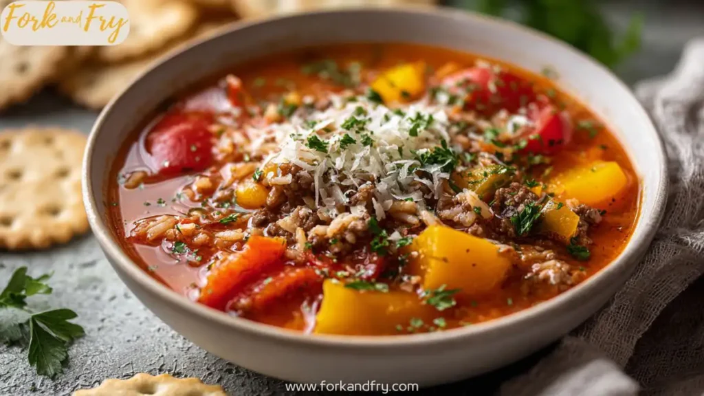 A bowl of hearty stuffed pepper soup with rice and beef