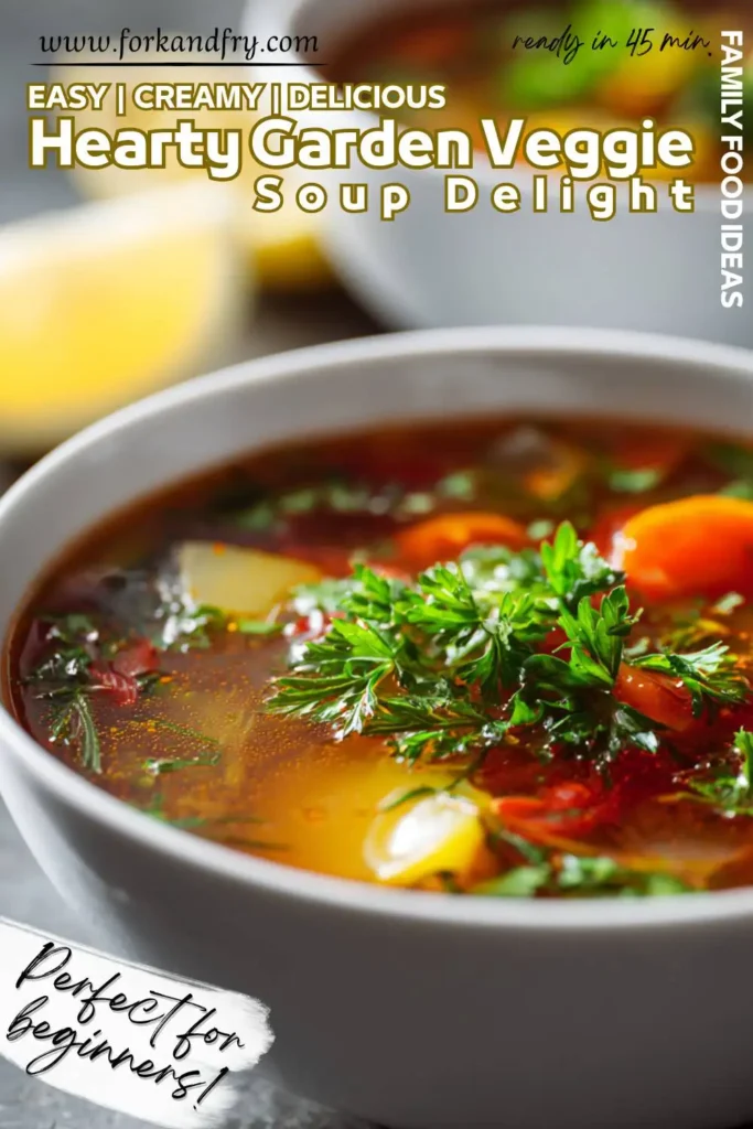 Close-up of hearty veggie soup with colorful vegetables in broth, garnished with herbs in a white ceramic bowl.