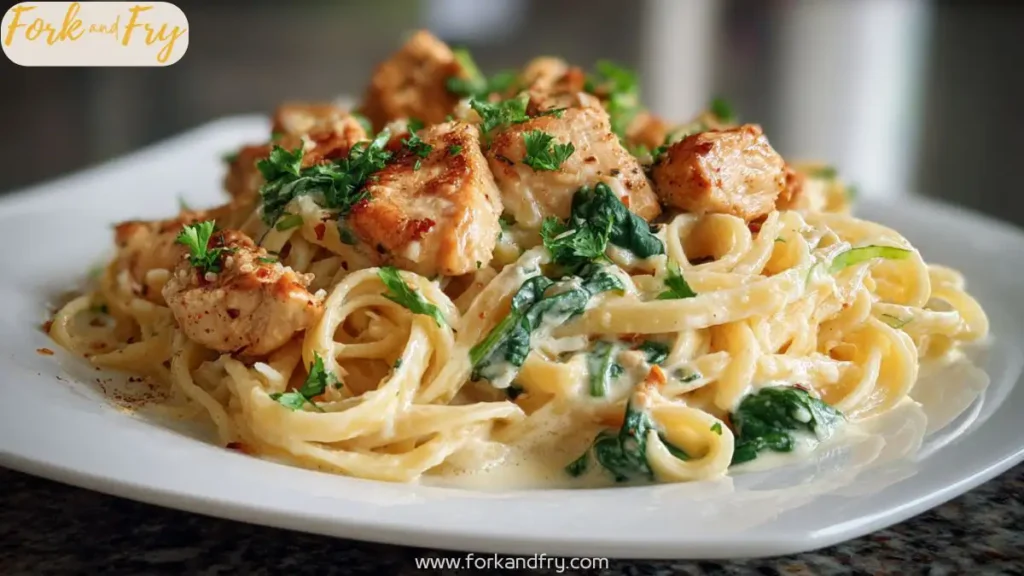 Creamy garlic Parmesan chicken pasta in meal prep containers with spinach.