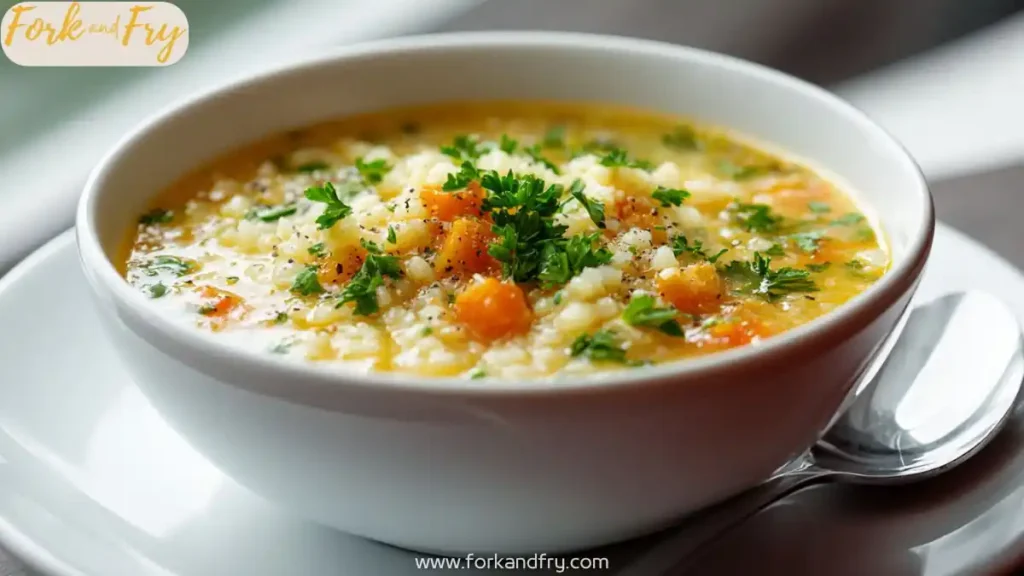 Close-up of lemony veggie pastina soup in white bowl, garnished with parsley