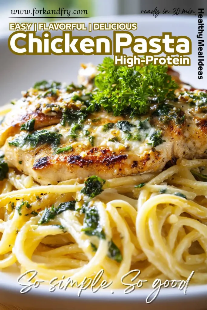 Lightened-up chicken pasta with creamy garlic Parmesan sauce Lightened-up chicken pasta with creamy garlic Parmesan sauce
