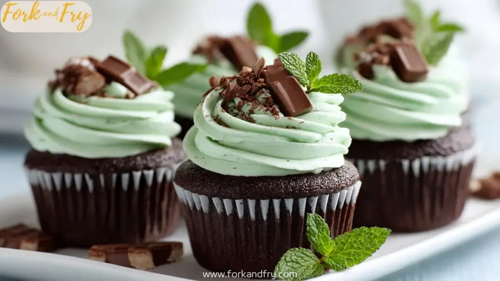 Cupcakes with green mint frosting and chocolate drizzle on white background