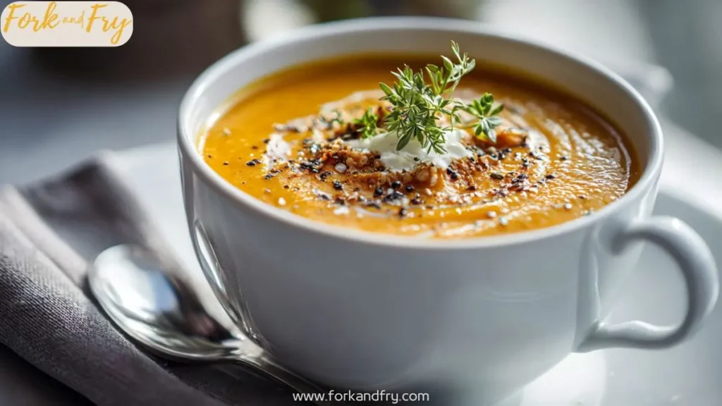 Velvety squash soup with roasted carrots and sweet potatoes in white bowl
