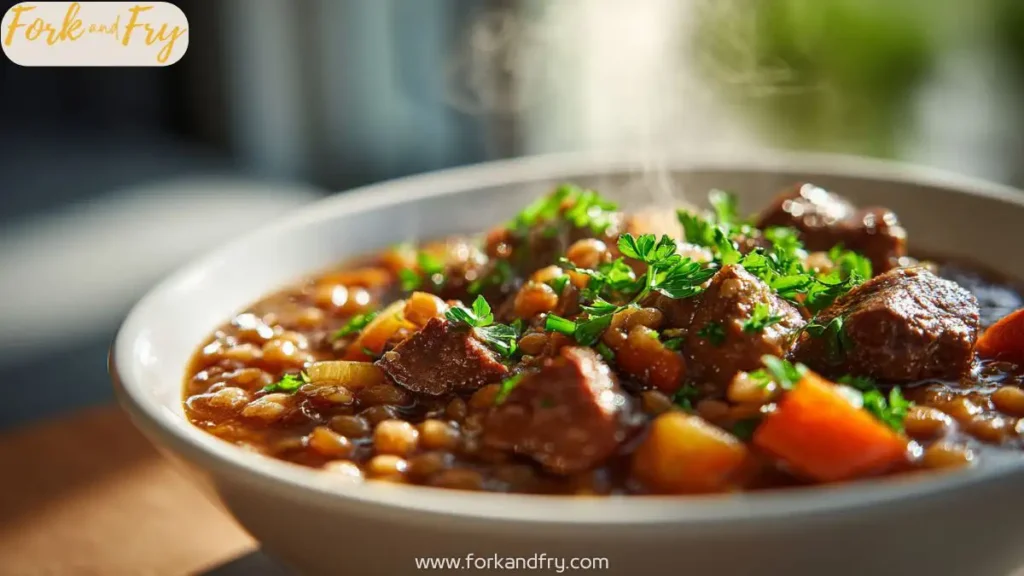 Bowl of hearty beef and barley stew with vegetables in a white bowl