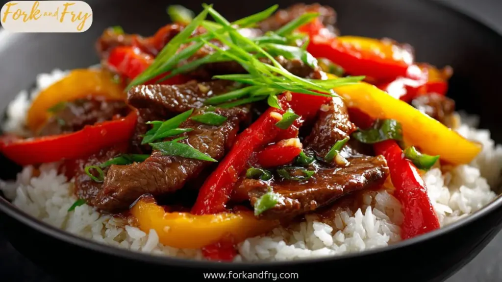 Close-up of pepper steak with sirloin and bell peppers in slow cooker sauce