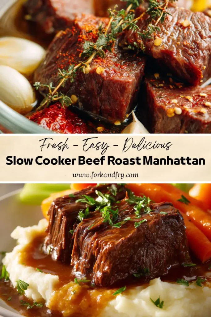 Slow cooker beef roast with carrots, celery, and onions on a dinner plate.