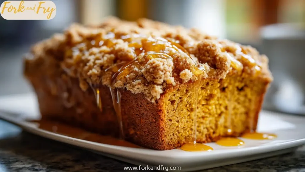 Moist pumpkin bread loaf topped with streusel and honey glaze