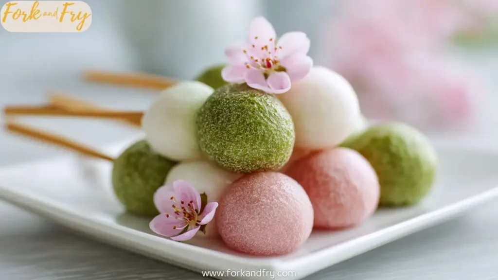 Japanese dango skewers with pink, white, and green rice balls, served on modern plate