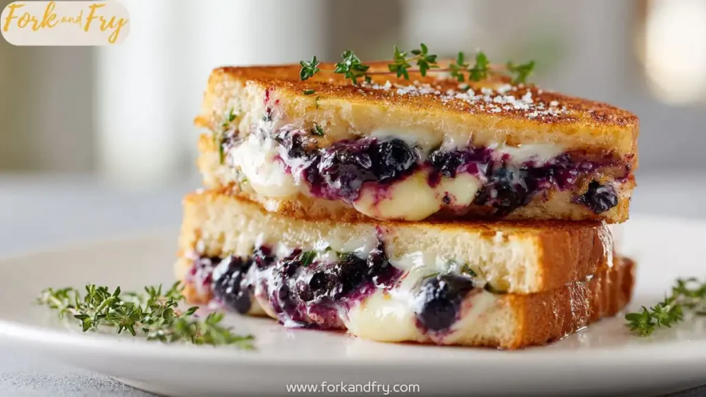 Melty grilled cheese sandwich with blueberry filling and golden crust
