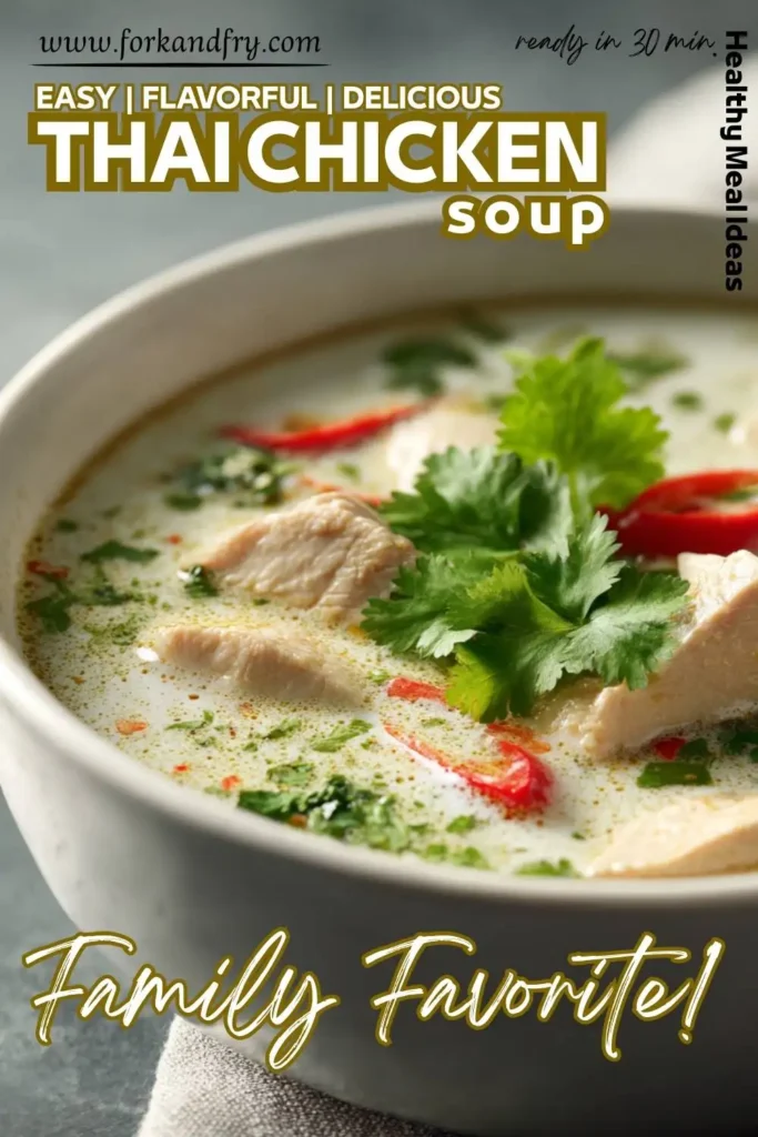 Thai soup with chicken coconut milk and herbs in a white bowl Thai soup with chicken, coconut milk, and herbs in a white bowl