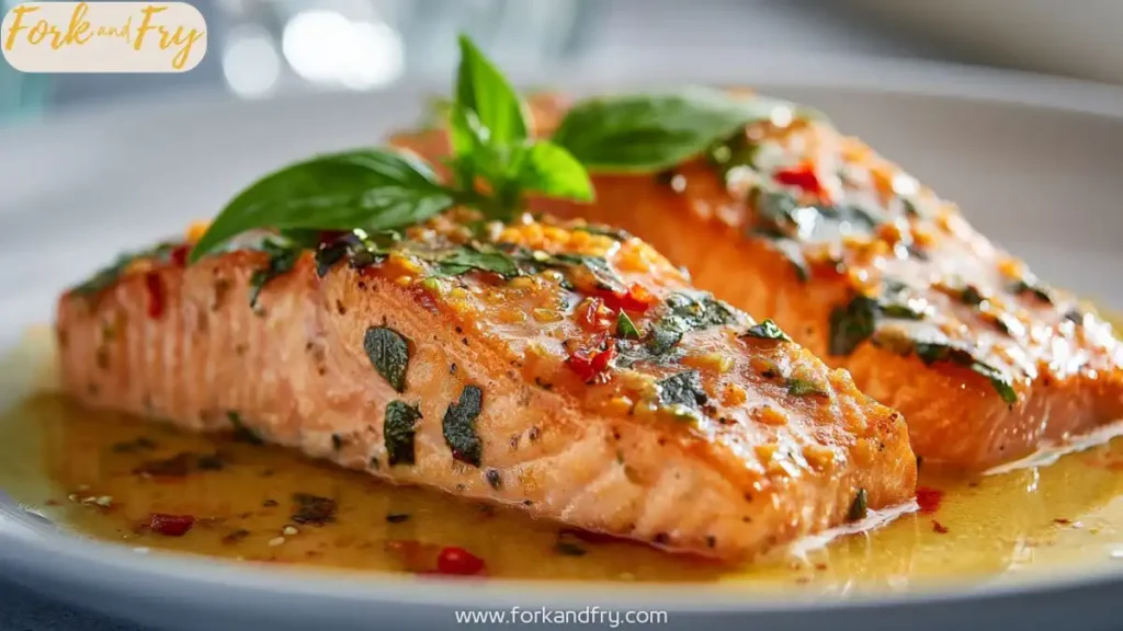 Creamy salmon fillet in garlic parmesan sauce with sun-dried tomatoes and basil, served hot in a skillet.