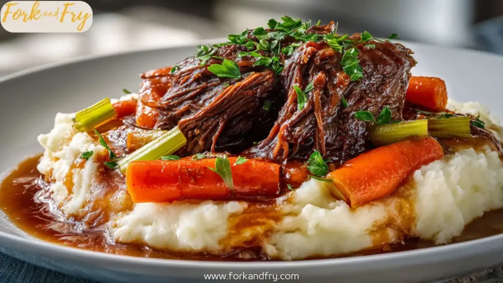 Slow-cooked beef roast served with mashed potatoes and rich gravy, topped with fresh herbs.