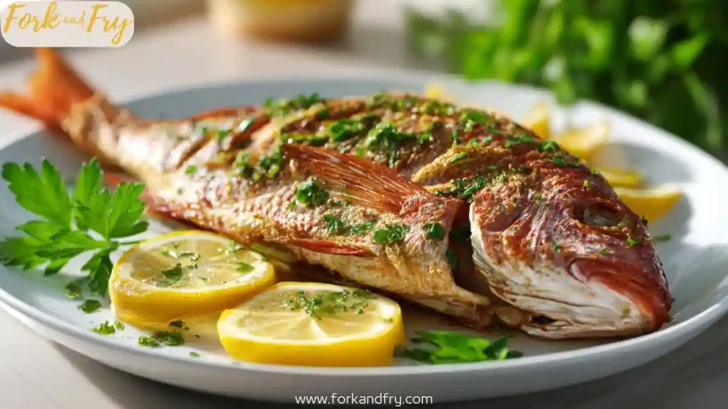 Golden baked whole snapper on a plate with herbs and lemon