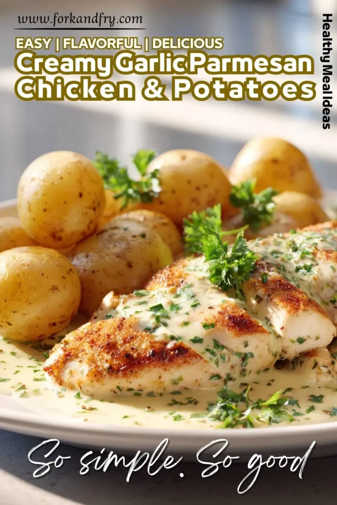 chicken and potatoes smothered in cheesy garlic sauce Close-up of chicken and potatoes smothered in cheesy garlic sauce