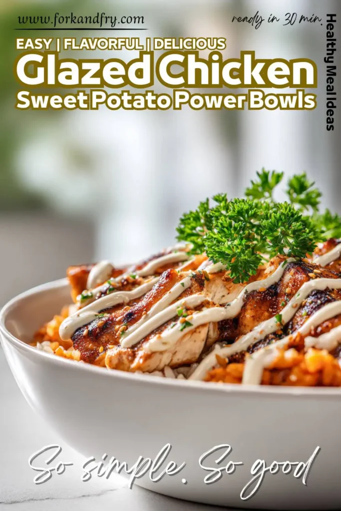 rice bowl with roasted sweet potatoes and chicken Overhead shot of a wholesome rice bowl with roasted sweet potatoes and chicken.