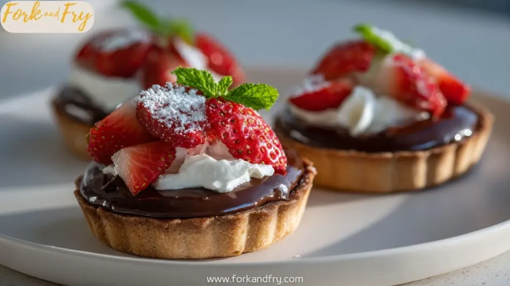Mini chocolate tarts with ganache and berries on white plate
