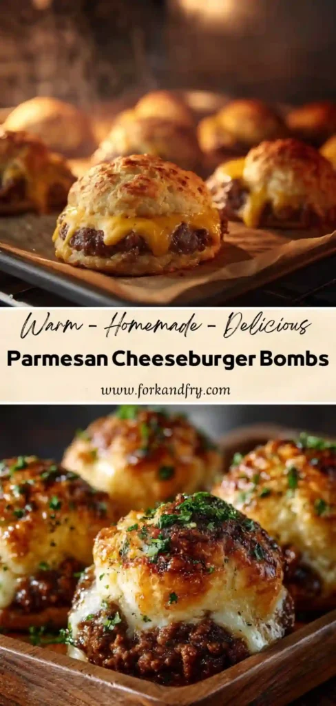 Cheesy Garlic Biscuit Bombs – Game Day Appetizer Close-up of golden biscuit bombs stuffed with ground beef and melted cheese.