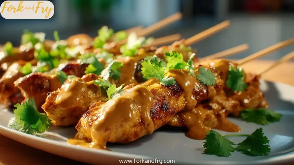 Juicy grilled chicken skewers with creamy peanut dipping sauce