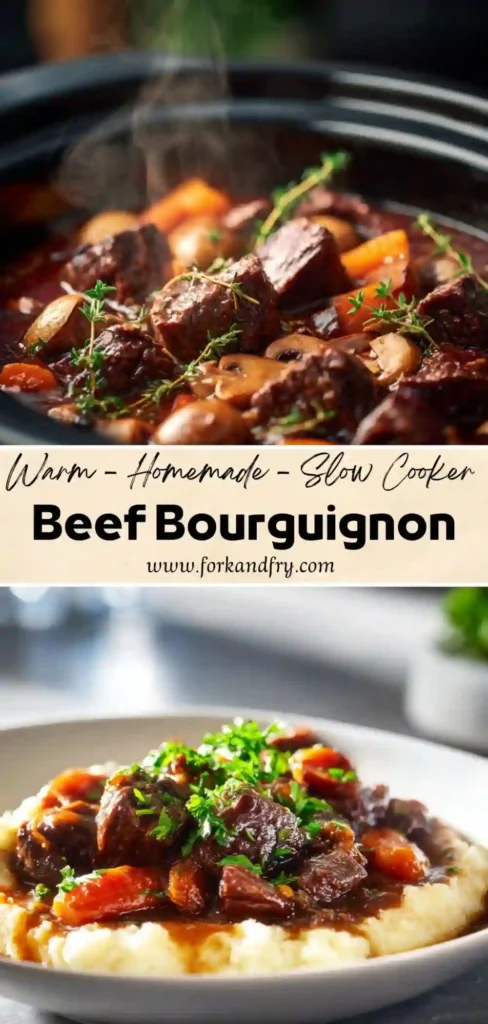 Hearty beef stew with mushrooms and wine in a slow cooker