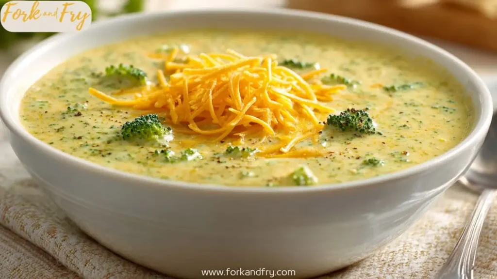 Creamy broccoli cheddar soup made with cottage cheese for high protein.