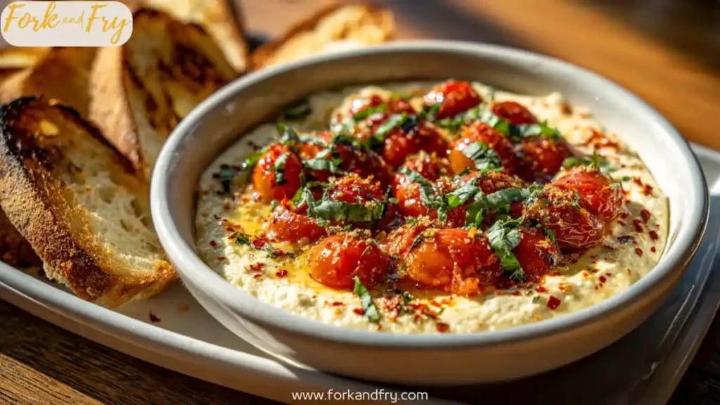 Creamy bruschetta dip with tomatoes, basil, and cheese