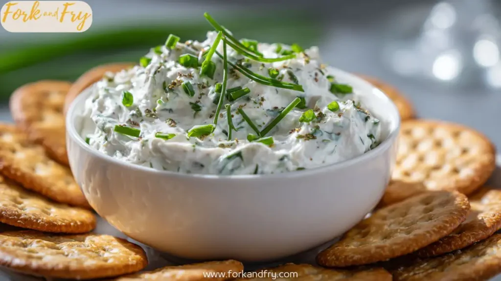 White bowl of creamy chive dip with crackers
