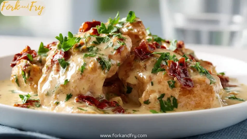Slow-cooked creamy chicken with sundried tomatoes and herbs