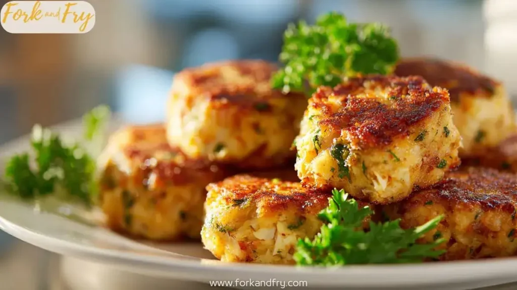 Golden mini crab cakes served with lemon and herbs