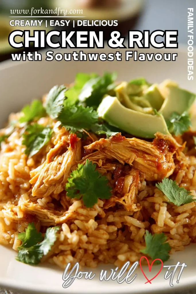 Shredded crock pot chicken over seasoned rice with cheese