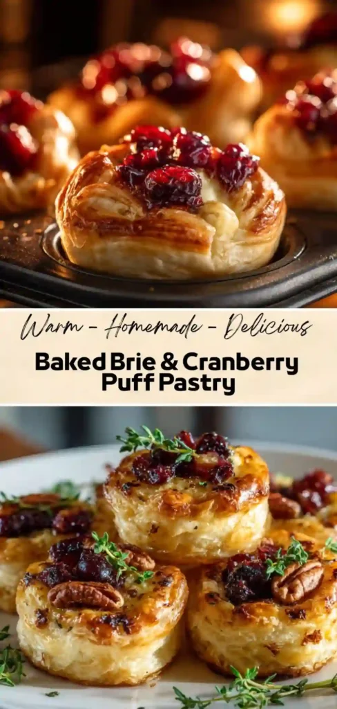 Easy Brie Cranberry Cups Mini puff pastry cups with baked brie and cranberry sauce
